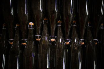 Rows of dark glass bottles sealed with corks and wire cages, stored horizontally in a cellar, depicting the traditional method of aging sparkling wine or champagne.