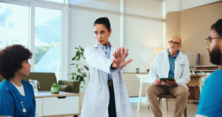 Cpr training, doctor or teaching with hands for correct position, compression technique or...