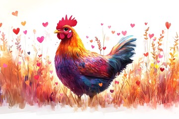 Fototapeta premium A rooster with vibrant red, purple and yellow feathers stands in a field of wildflowers and hearts.