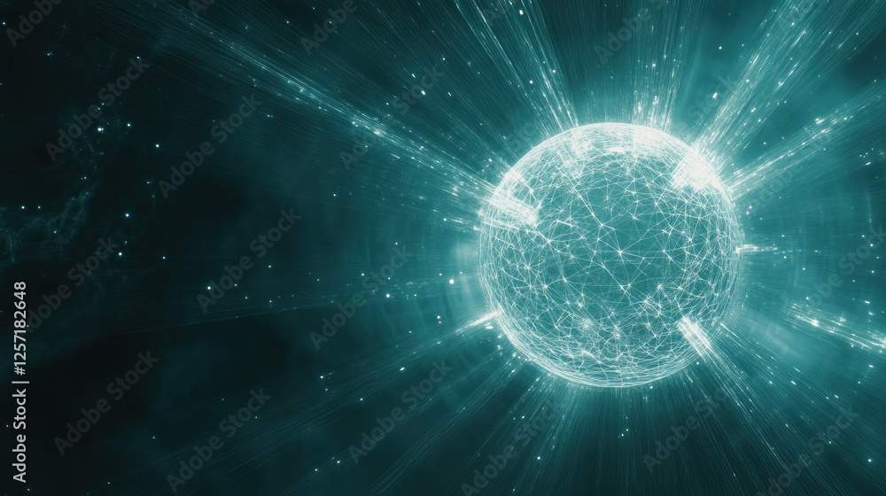 Poster digital globe with network connections radiating outwards into dark space