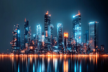 Fototapeta premium Futuristic city skyline with neon lights reflecting on water