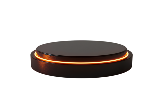 Dark circular platform with orange neon light product display stand,