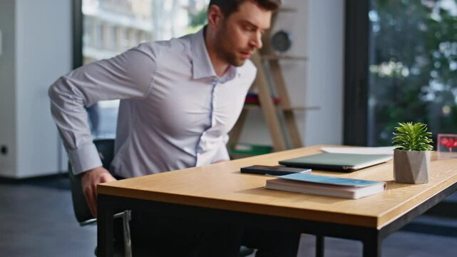 Professional manager sit down at modern workplace closeup. Employee start work