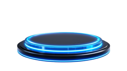 Futuristic blue neon platform dark background product display stand