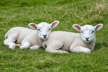 Obraz premium two white lambs on the green grassy field