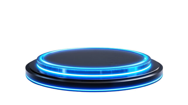 Futuristic blue neon platform dark background product display stand