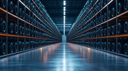 Obraz premium Tires stacked in large warehouse