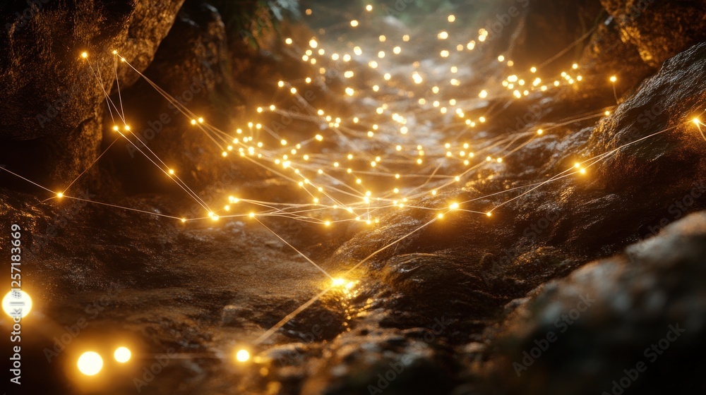 Aufkleber lighted network connecting rocky terrain suggests a futuristic path