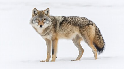 Fototapeta premium A solitary grey wolf stands alert in a snowy landscape, showcasing its natural habitat and winter beauty