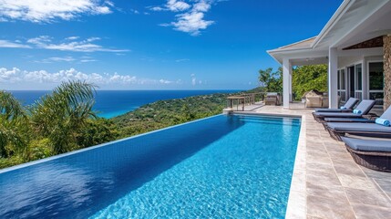 Fototapeta premium Infinity pool, villa, ocean view, hillside, Caribbean, luxury, real estate, vacation rental, advertisement
