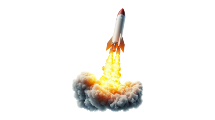 Rocket launching into space fiery trail smoke explosion