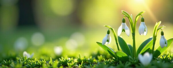 Fototapeta premium Snowdrop flowers swaying gently in the morning breeze, soft, gentle