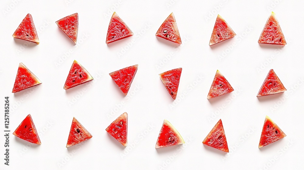Poster neatly arranged slices of watermelon isolated on white background