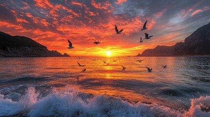 Coastal sunrise, seagulls flying, fiery sky, ocean waves, travel poster