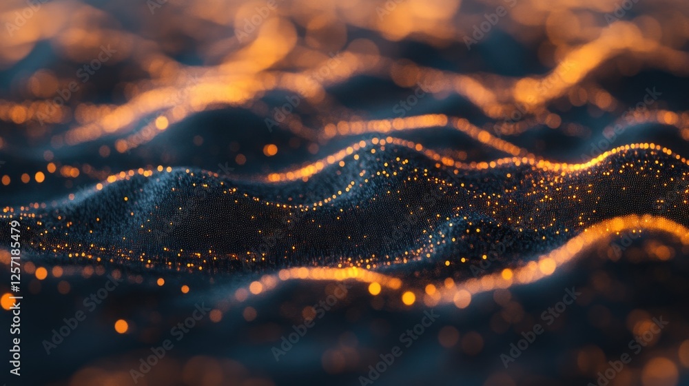 Poster Abstract digital waves with illuminated particles flowing through the space
