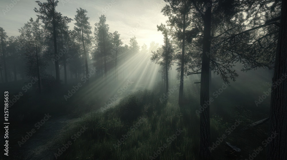 Poster sunbeams pierce through the dense fog in a serene forest