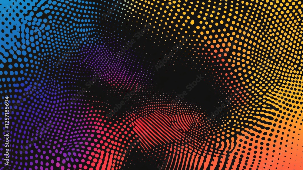 Poster abstract multicolored halftone pattern with wavy dotted gradients and dark background