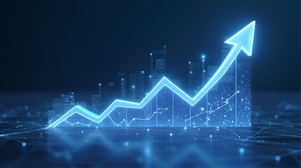 Futuristic Business Growth Chart with Rising Arrow in Digital City