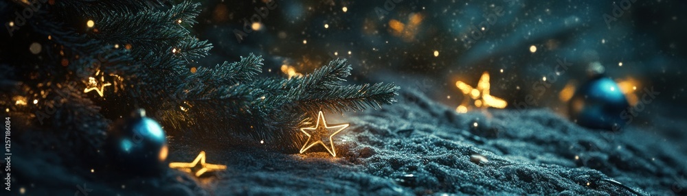 Poster Glowing star ornaments with pine branches create a festive scene