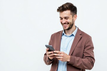 Happy young man standing and using his smartphone.  Cheerful and engaged with his mobile device. Suitable for mobile technology, communication, and lifestyle themes.