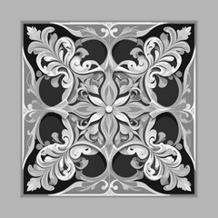 Elegant Grayscale Ornamental Tile Design with Symmetrical Floral Motif