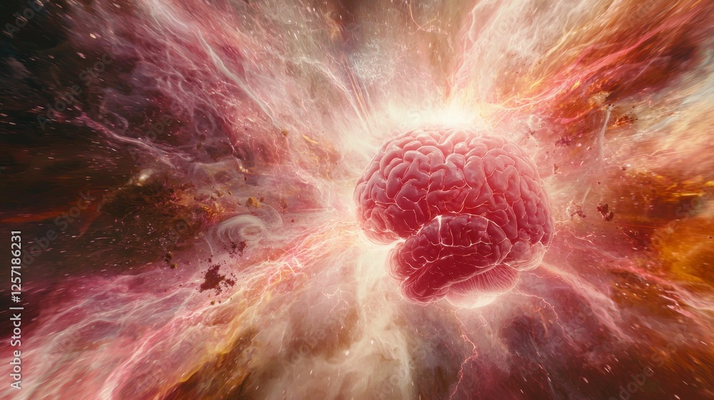 Poster abstract representation of a human brain merging with cosmic elements in a vibrant explosion of colo