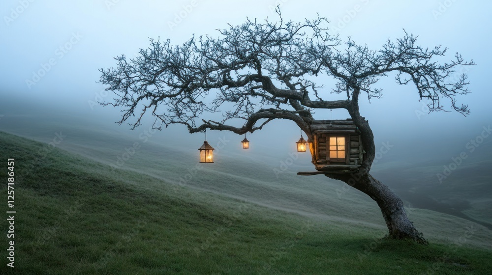 Poster treehouse with lanterns glows in a misty meadow landscape