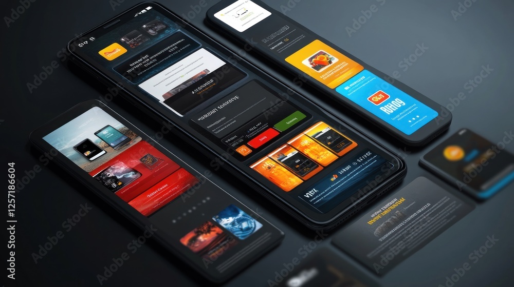 Poster multiple smartphones displaying app interfaces in sleek product showcase