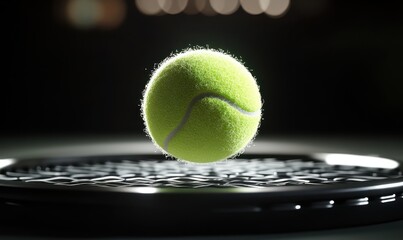 Tennis ball hovering above racket, court background, sport action shot