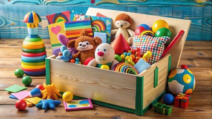 Obraz premium Colorful Wooden Toy Box Overflowing with Fun Educational Toys