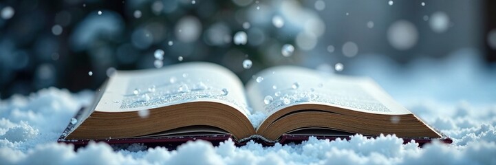 Snowflakes gently fall on a snow-covered book, winter wonderland, calm, icy