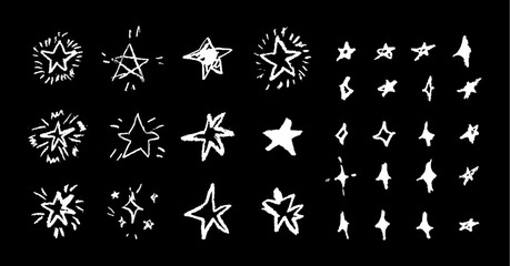 Set of fun like kid drawing white stars. Collection of wax pencil texture geometric elements. Night sky symbols scribble, doodle. Rough crayon or chalk vector illustration. Squiggles in children style