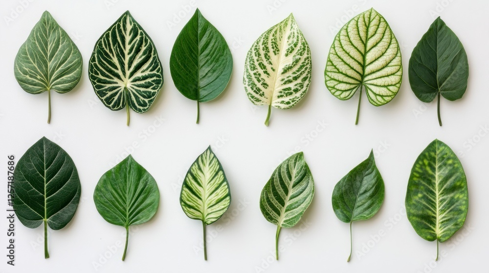 Poster Twelve different leaves arranged neatly in a row pattern