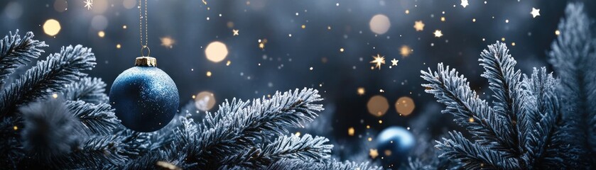 Blue christmas ornament hangs from frosted pine tree branch
