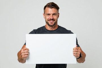 Fitness man holding a blank white frame.  Ideal for showcasing fitness-related content, messages, or promotions.