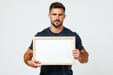 Fitness man holding a blank white frame.  Ideal for showcasing fitness-related content, messages, or promotions.