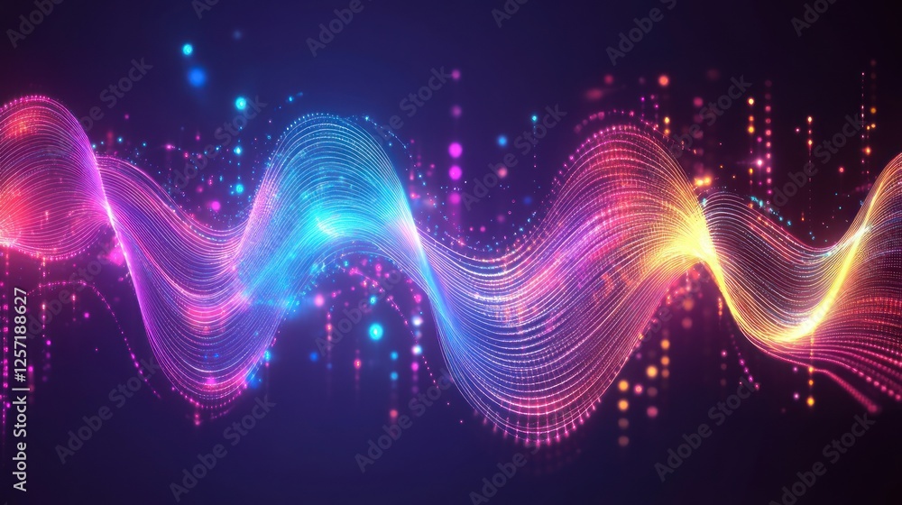 Poster Wavy lines of light and sparkles float across dark background