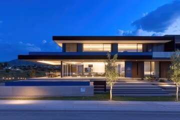 Fototapeta premium Contemporary Modern House Exterior with Elegant Lighting at Dusk