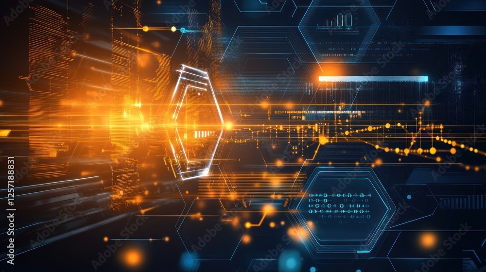 Poster Abstract technology display shows illuminated hexagons lines and data