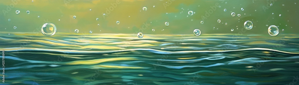 Poster calm ocean surface with floating bubbles and yellow sky