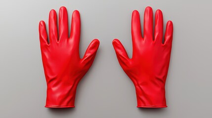 Obraz premium Red rubber gloves on grey background, essential cleaning and dishwashing protection for household hygiene
