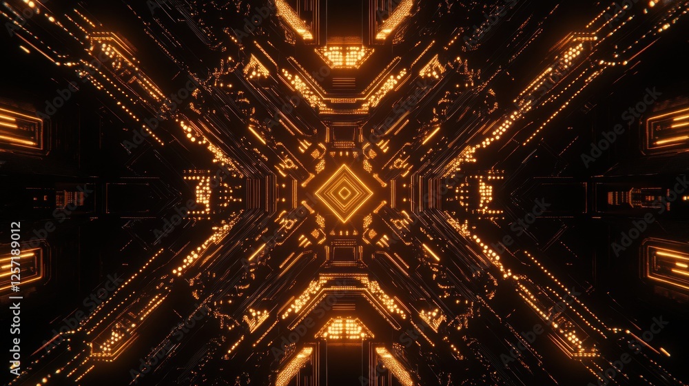 Poster abstract glowing geometric tunnel with futuristic circuit board design