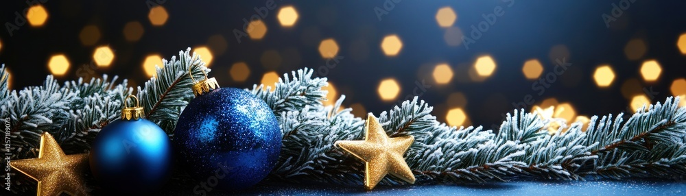 Poster christmas ornaments and frosted pine branches against bokeh background create holiday scene