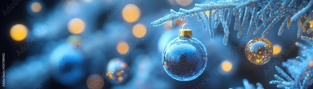 Poster Christmas tree branches adorned with shiny ornaments and bokeh lights