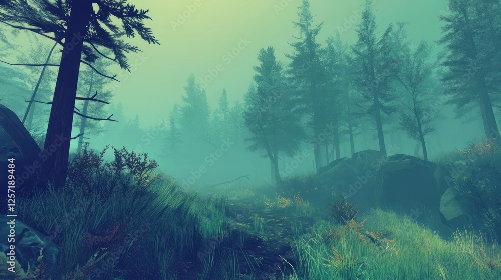 Poster fog shrouds a woodland path lined with trees and grass