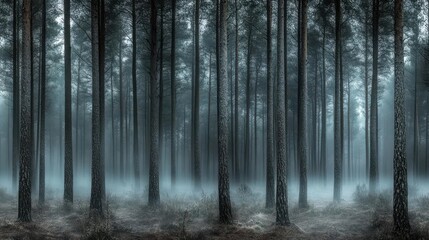 Fototapeta premium A forest background showcasing a dark pine forest shrouded in a thick fog