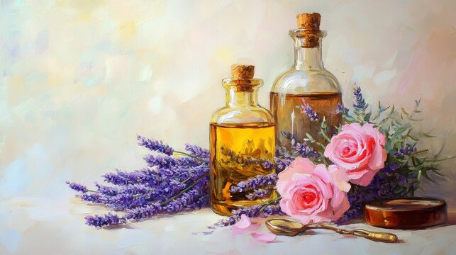 Aromatic essential oils in bottles with lavender and rose flowers, as well as spa tools, are displayed on a white backdrop with extra space for text. 