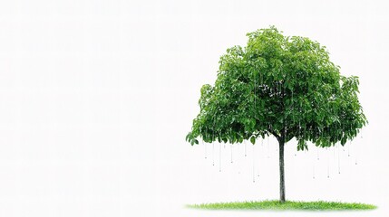 Isolated Green Tree with Soaked Dripping Leaves in Rainy Weather