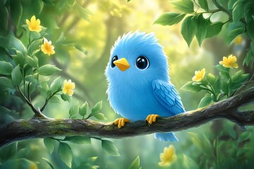A cute, fluffy blue bird with big eyes sits on a tree branch surrounded by green leaves and small yellow flowers.