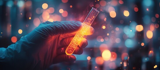 Scientist Holding Glowing Test Tube in Laboratory with Bokeh Lights and Vibrant Colors in Background